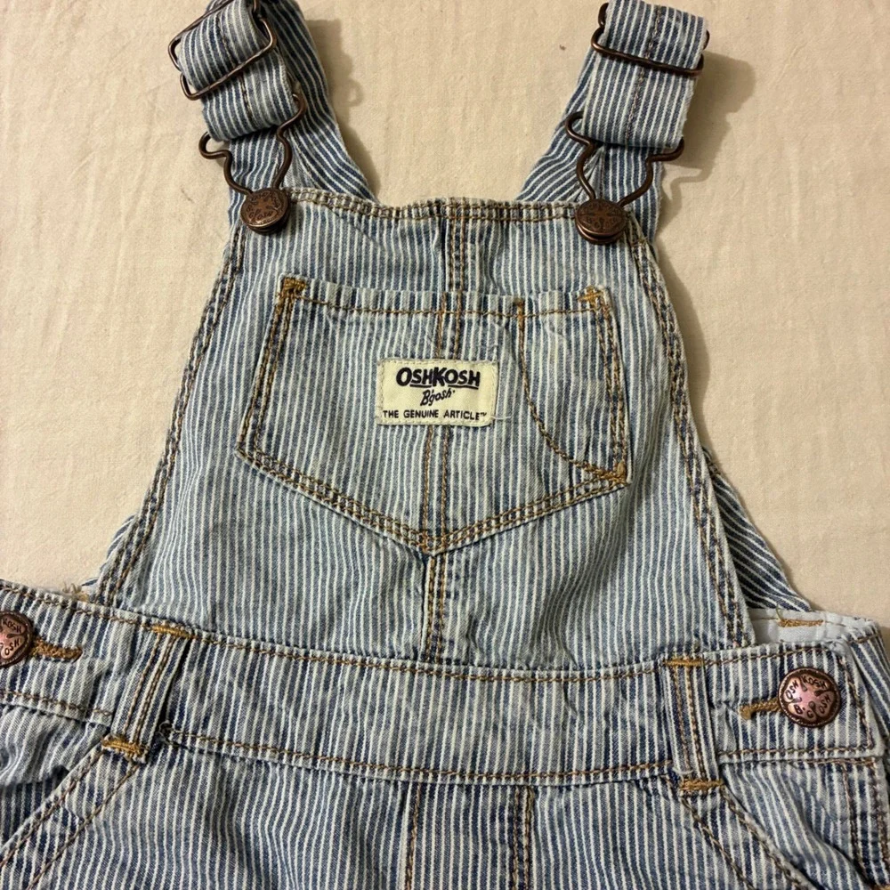 OshKosh Bgosh Kids 12M Blue Hickory Stripe Denim Overalls Snap Leg‎ Workwear
